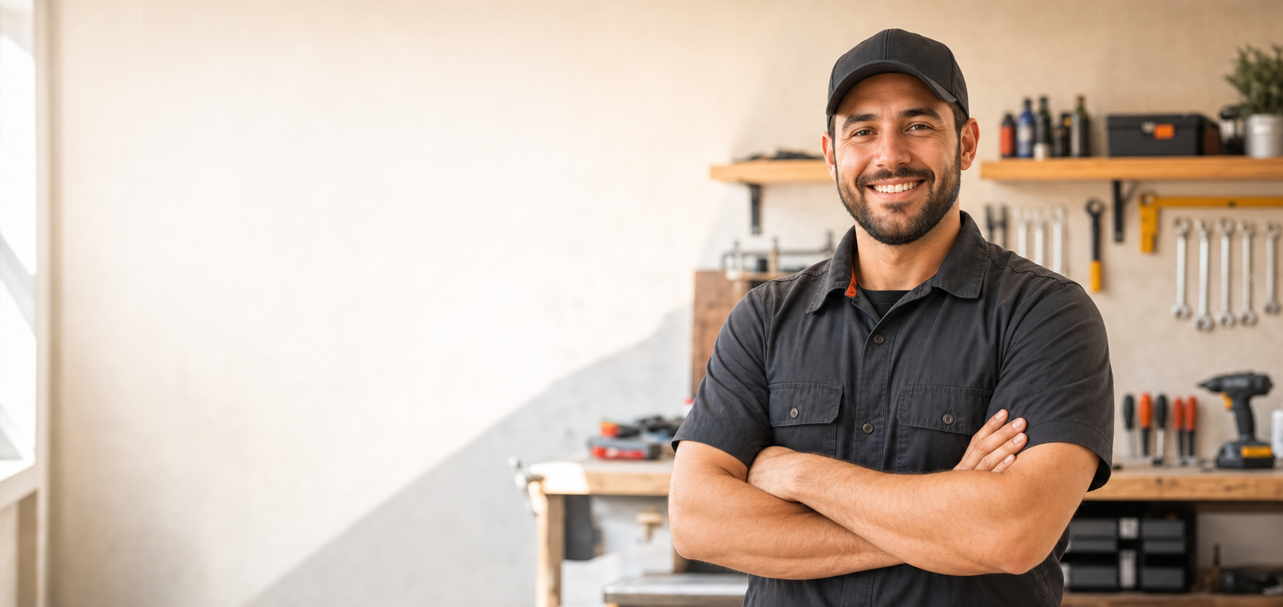 Profissional de manutenção sorrindo em uma oficina organizada